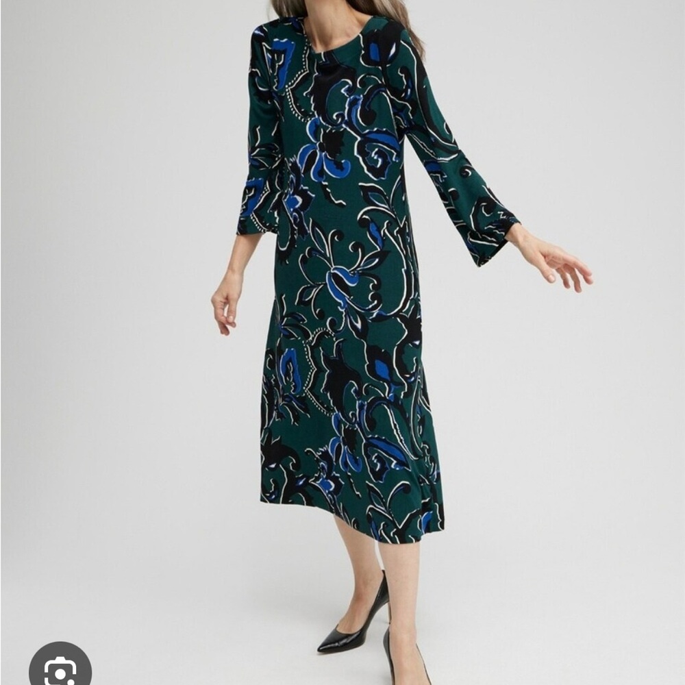 NEW NWT Chico’s Green Navy Eastern Bell Sleeve MIDI Dress Size 2 Large